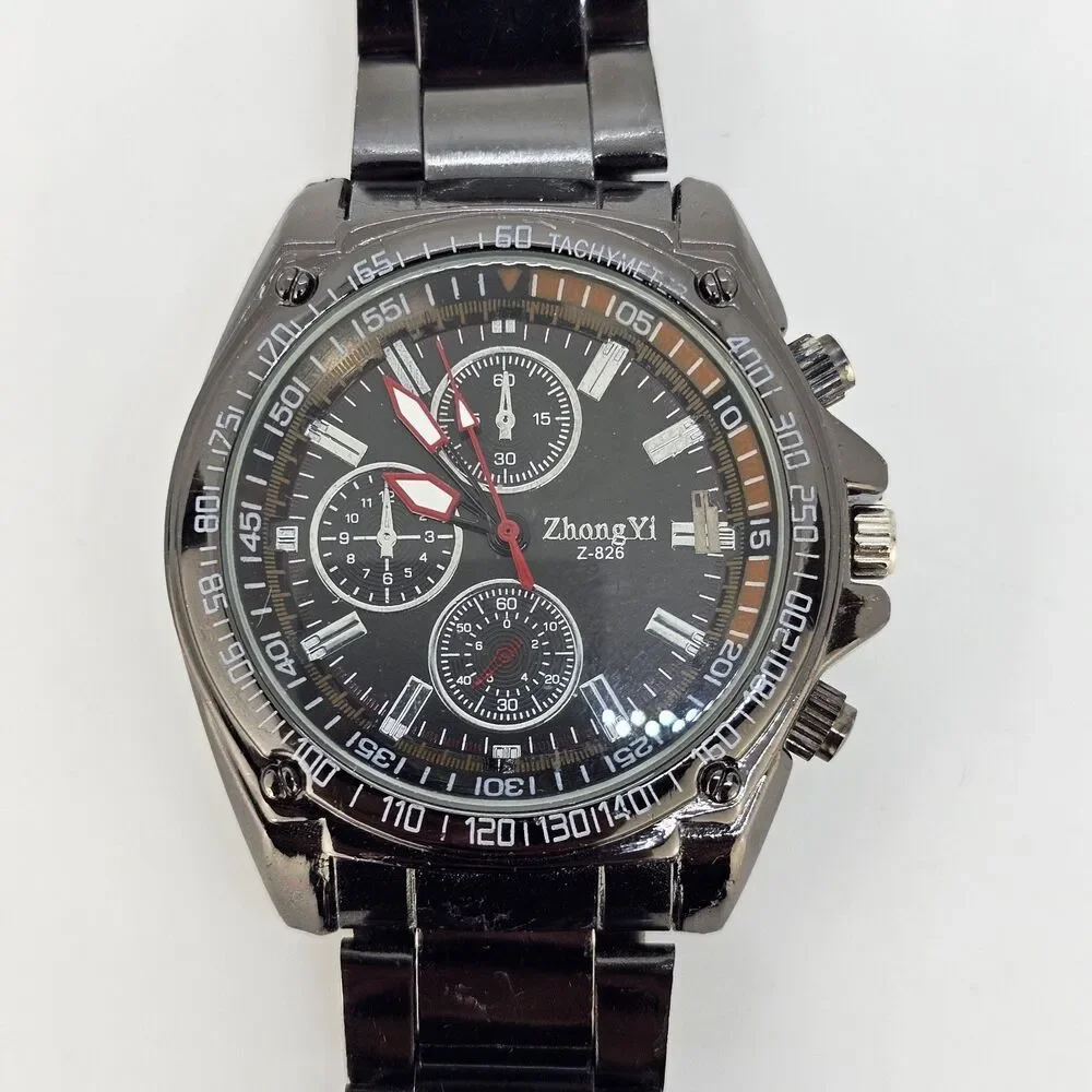 Men's Watch Black Dial 44MM Black Case Black‎ Bracelet Band 8
